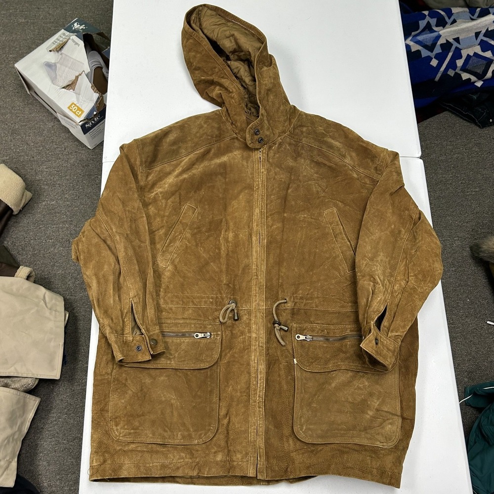 Vintage G-III Suede Field Jacket Mens L Tan Excellent Hooded Utility Parka